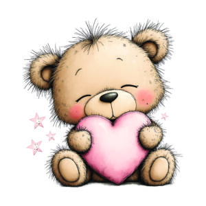 Cute cartoon teddy bear holding a pink heart close to its chest, blush on cheeks, surrounded by pink stars.