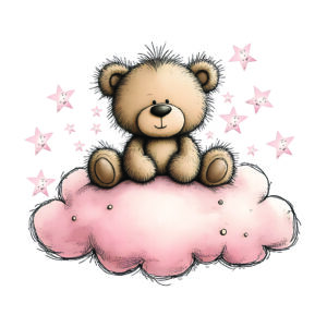 Cartoon teddy bear sitting on a pink pillow with pink star shapes floating around.