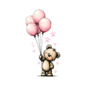 Cute teddy bear holding several pink balloons against a white background with pink star decorations, playful illustration.